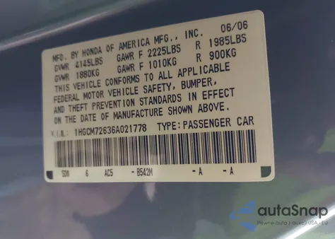 2006 Honda Accord 2.4 Ex из США, поврежденный, VIN 1HGCM72636A021778